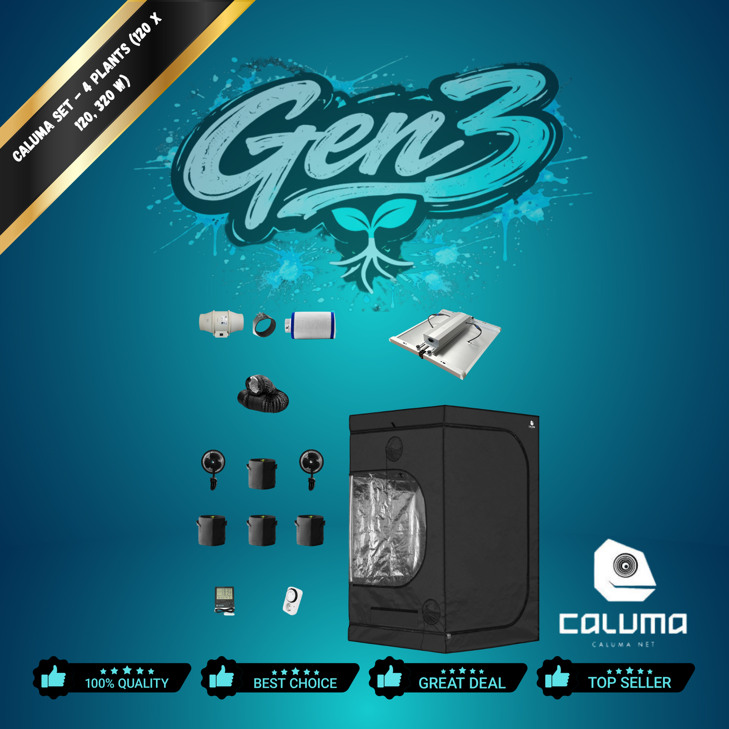 Caluma Grow-Set 4 Plants – 120×120 cm, 320 W LED | Komplett-Set für 4 Pflanzen
