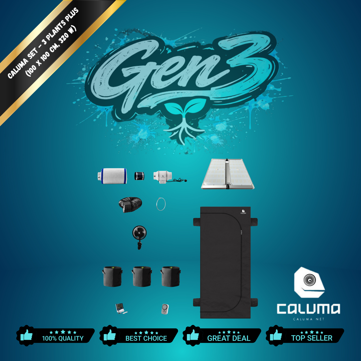 Caluma Grow-Set 3 Plants Plus – 100×100 cm, 320 W LED | Komplett-Set für 3 Pflanzen