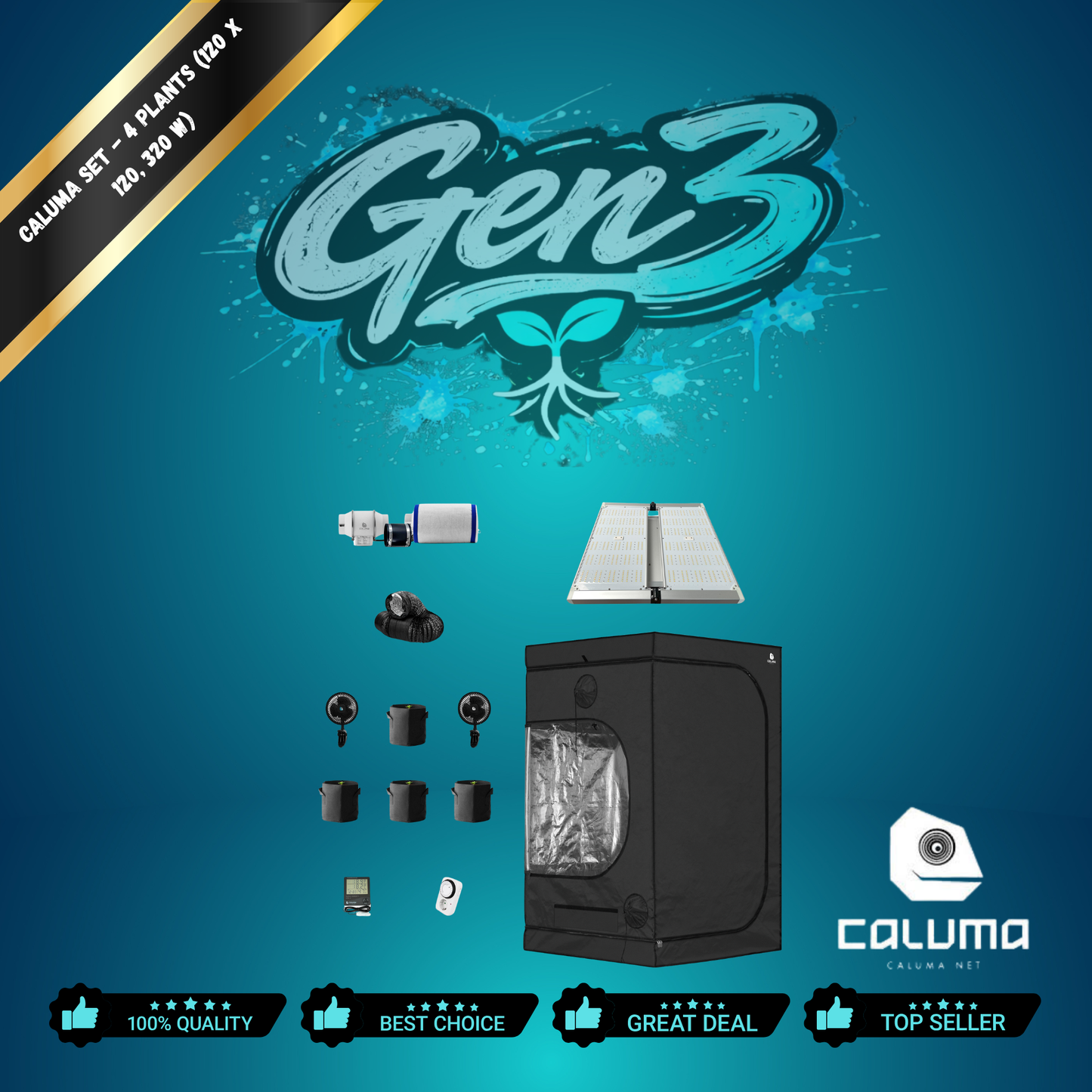 Caluma Grow-Set 4 Plants – 120×120 cm, 320 W LED | Komplett-Set für 4 Pflanzen
