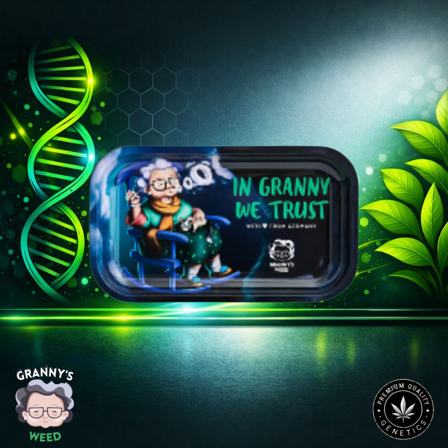 Granny’s Rolling Tray – Aluminium, „In Granny We Trust“