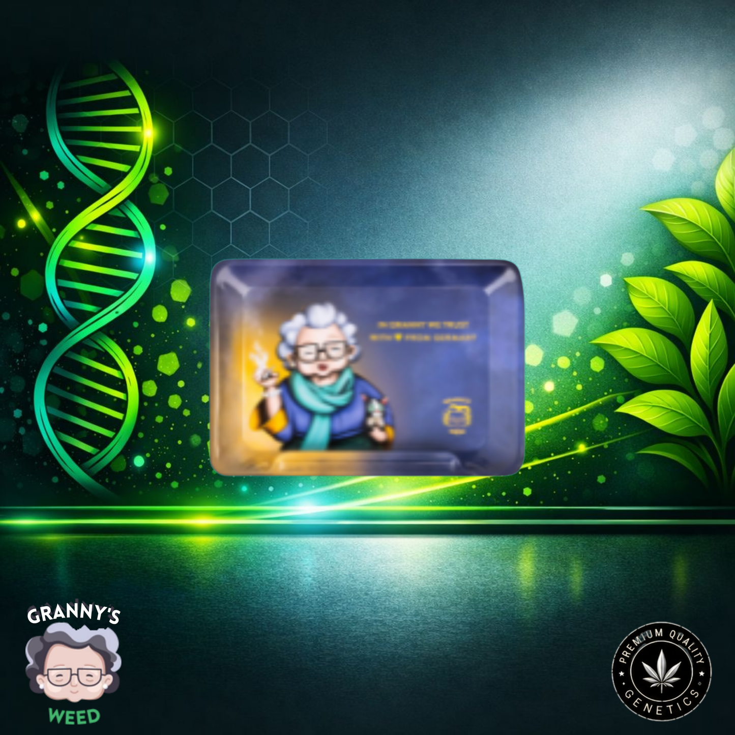 Granny’s Rolling Tray – Aluminium, „In Granny We Trust“